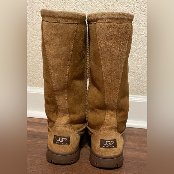 UGG brown leather sheepskin shearling lining tall drawstring boots fold over 9 - Picture 4 of 9